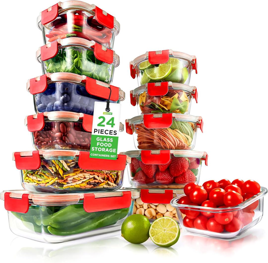 NutriChef 24 Piece Glass Food Storage Containers with Lids - Airtight Glass Meal Prep Containers, Bento Lunch Boxes, Hinged Lock Lid, For Meal Prep, Kitchen Storage, Freezer (12 Containers & 12 lids) (Red)