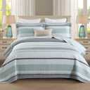 Homzard King Size Quilt,Cotton King Size Comforter Set,Mint Green Grey Bedding Set,Striped Bedspread,Lightweight Summer Comforter Sets 3 Piece