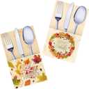 Gatherfun Thanksgiving Cutlery Holder Gold Foil with Give Thanks Maple Leaf design, Utensil Holder for Autumn Harvest Party Table Decorations, 24 pack, Mix 2 designs