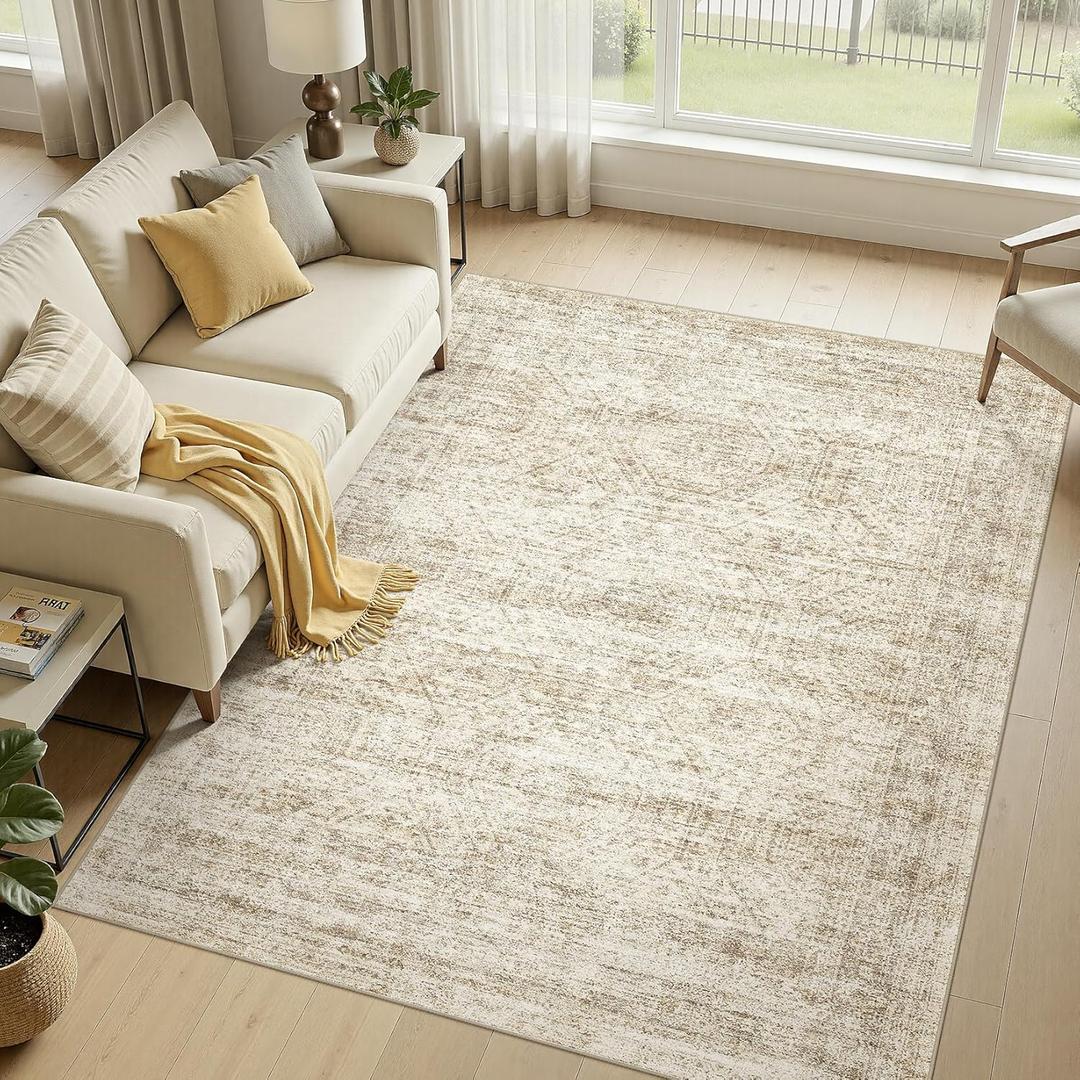 cotiled Large Area Rugs for Living Room 5x8, Machine Washable Rugs with Non Slip Backing Modern Neutral Abstract Rugs Stain Resistant Distressed Carpets for Home Office Decor (5x8 Beige/Brown)