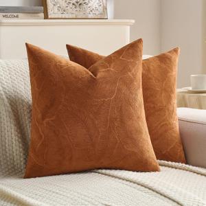 FUTEI Pack of 2 Velvet Throw Pillow Covers 26x26 Inch, Rust | Elegant Embossed Leaf Pattern Design,Side Hidden Zipper,Machine Washable,Pill-Resistant,Colorfast,Insert Not Included.