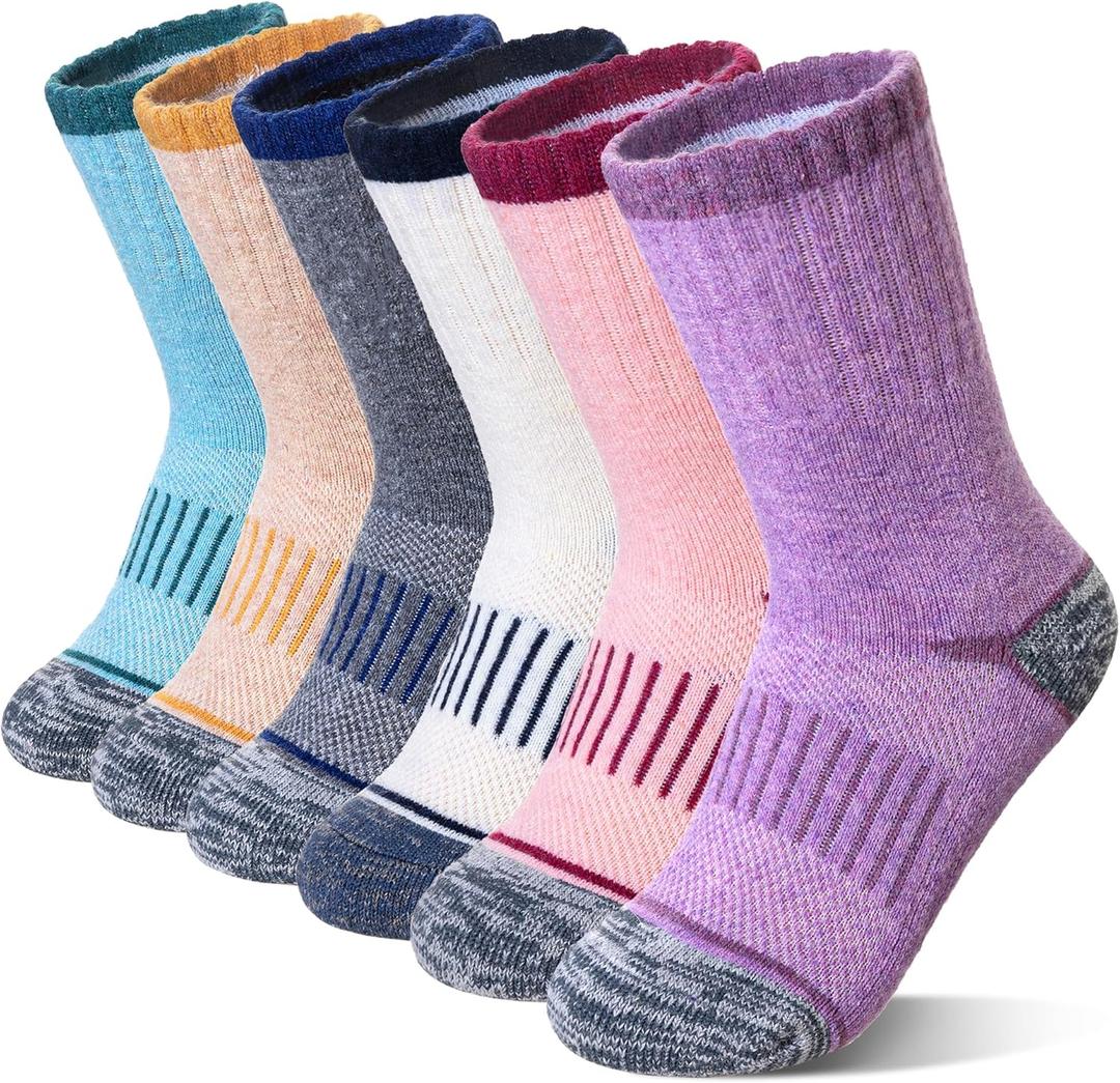 Eocom Kids Merino Wool Hiking Socks Toddlers Boys Girls Thermal Warm Winter Cushion Moisture Wicking Boot Crew Socks 6 Pairs, 4-7 Years