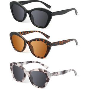 LADEESSE 3 Pack Reading Sunglasses for Women Fashion Cateye Sun Readers Outdoor Reading Glasses UV400