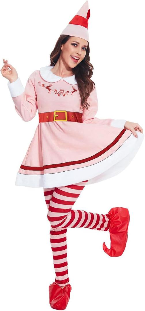 DANBAIEGG Female Elf Costume Set Adult Elf Dress Christmas Cosplay Christmas Party Costume Elf Womens Costume(Pink, XL)