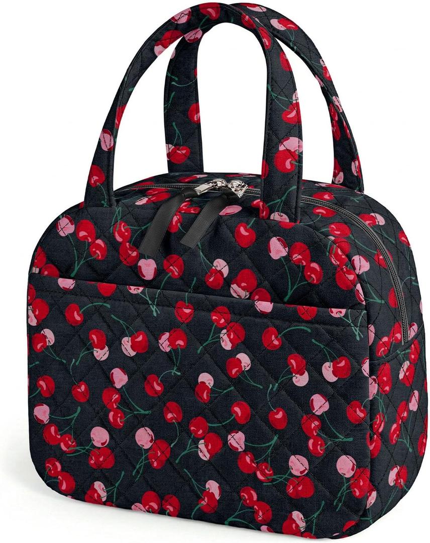 WOBAGMEN Quilted Lunch Box for Women,Coquette Aesthetic Lunch Box for Teen Girls,Cute Cherry Lunch Bags for Work, School,Office,Picnic,Travel (Blue Cherry)