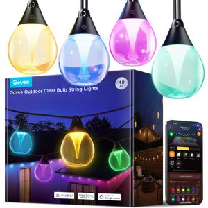 Govee Clear Bulb Outdoor String Lights, 48ft RGBWIC Dimmable Patio & Backyard Lights with 15 LED Bulbs, 111 Modes, IP67 Waterproof & Shatterproof, Works with Alexa, Google & Matter