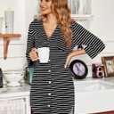 Ekouaer Nightgowns for Women V Neck Button Down Nightshirt 3/4 Sleeves Nursing Nightgown Soft Sleep Dress, Black Stripes, XL (Black, XL)