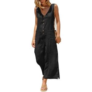Yeokou Women Button Down Jumpsuits Cotton Linen Sleeveless Casual Wide Legs Rompers Loose Overall with Pockets, S