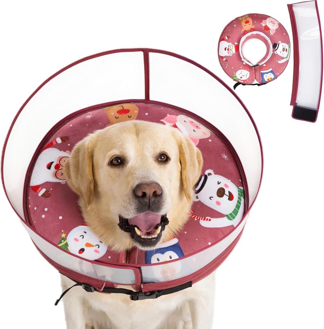 Dog Soft Cone, Dog Surgery Donut Collar with Guard Shield Prevent Licking of Wounds Stitches, Inflatable Cone for Dogs, Do Not Block The View Dog Recovery Cone (Xmas Elf, Large)