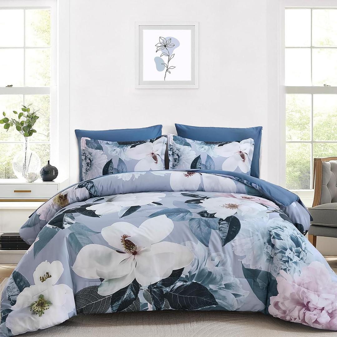 Mybedsoul King Size Comforter Set 7 Pieces, Bed in a Bag Soft Microfiber Bedding, Luxury Blue Floral Elegant Design, All Seasons Comforter Bed Set with Sheets, Pillowcases & Shams