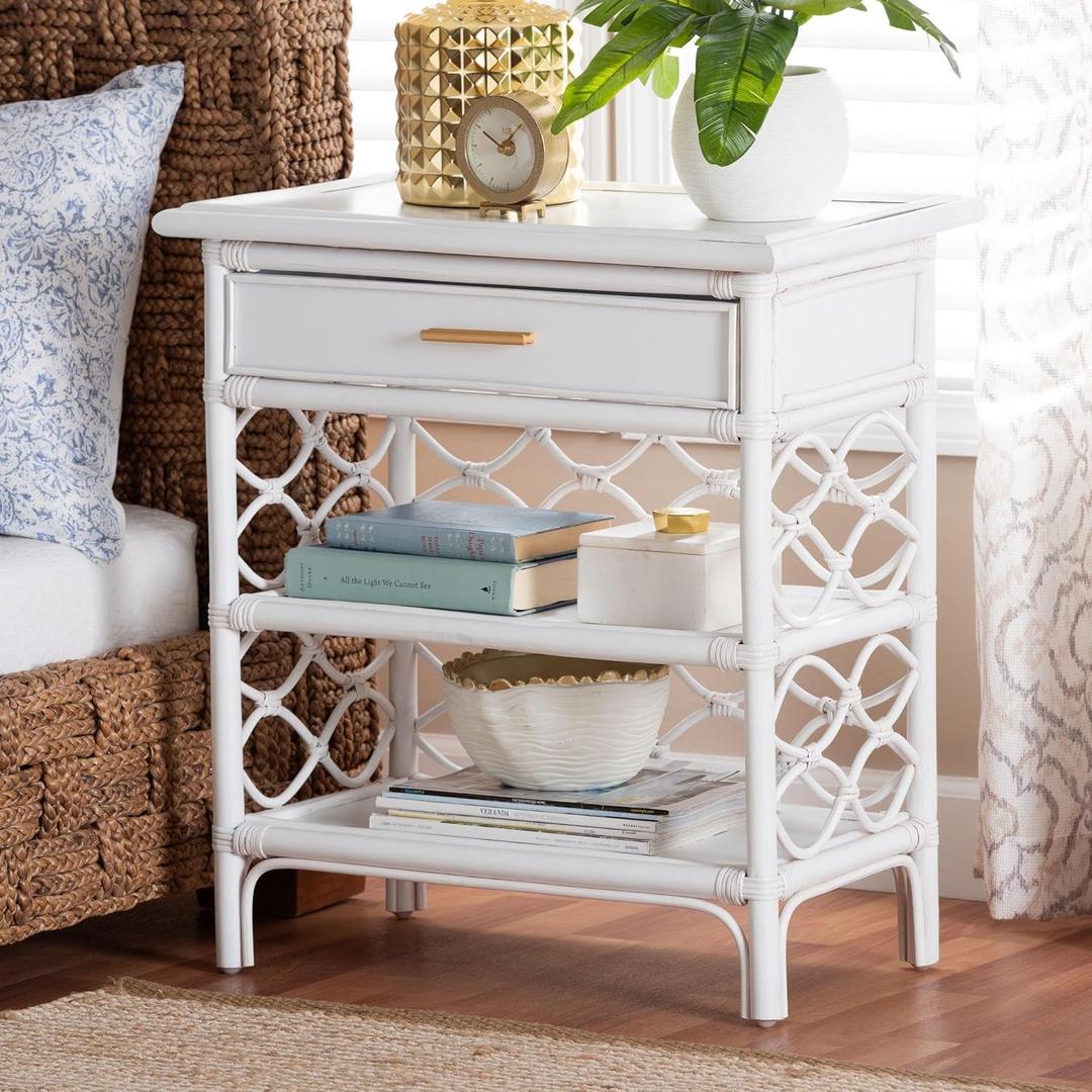 bali & pari Akane Natural Rattan Nightstand with Drawer and Open Shelves  Coastal Bedside Table with Lattice Design, White bali & pari Akane Natural Rattan Nightstand with Drawer and Open Shelves  Coastal Bedside Table with Lattice Design, White