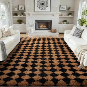 Ophanie Black & Beige Diamond Checkered Rugs for Living Room Bedroom, Large Rhombus Fluffy Soft Fuzzy Area Rugs, Plush Shaggy Bedside Floor 8x10 Carpet for Kids Baby Teen Dorm Home Decor Aesthetic