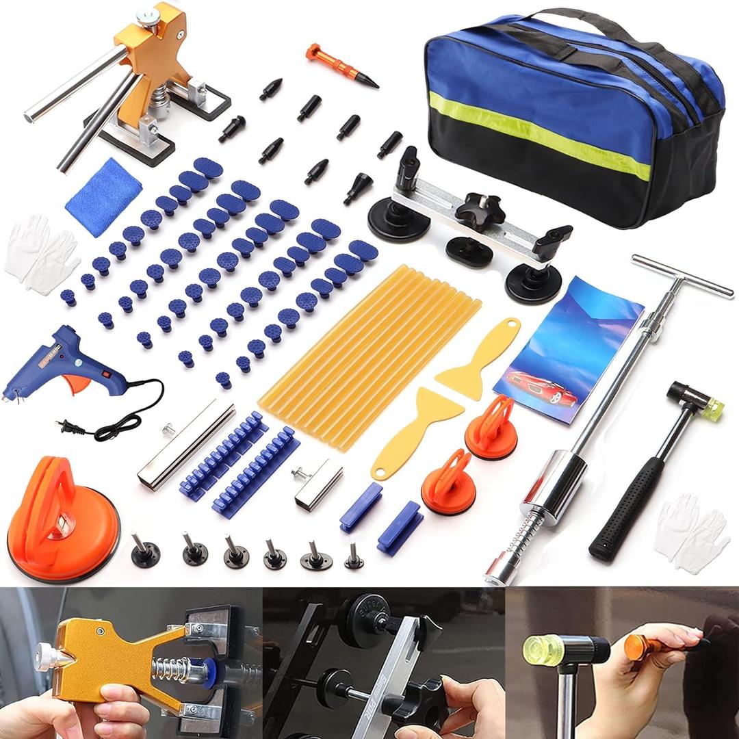 Jerbor 97PCS Car Dent Puller Kit, Paintless Dent Repair Kit with Golden Lifter, T-bar Dent Puller, Bridge Puller, for SUV RV Truck Car Dent Removal