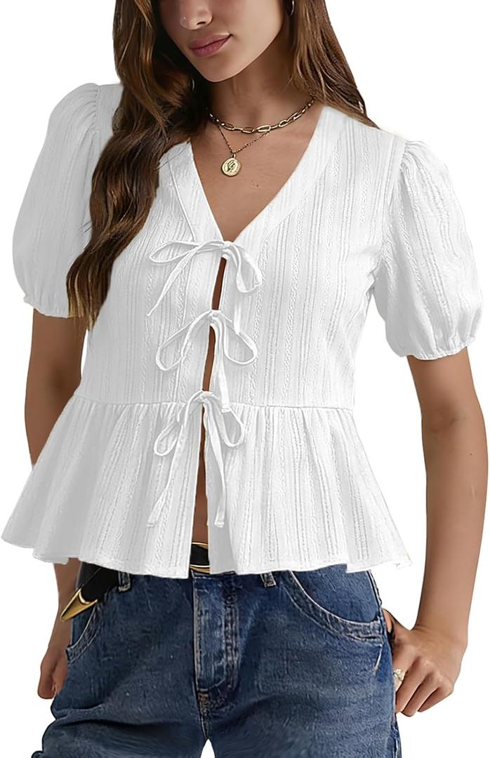 Womens Puff Sleeve Peplum Babydoll Tops Tie Front Cotton T Shirts Summer Casual Loose Fit Flowy Bow Blouse (Medium)