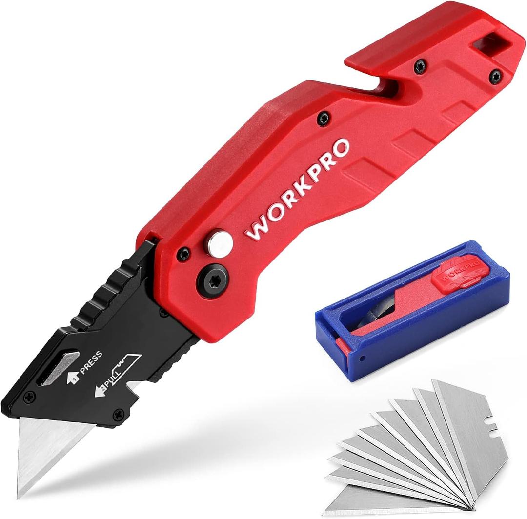 WORKPRO Folding Utility Knife, Quick Change Blade, Lightweight Nylon Handle, Utility Cutter with 10-piece Extra Blades (Red)