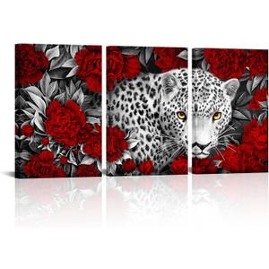 Kalormore 3 Pieces Wildlife Animal Canvas Wall Art Black and White Burgundy Red Leopard with Yellow Eyes in Blossom Poeny Flowers Painting Picture Framed and Stretched Artwork for Modern Living Room (16 x 24 inches)