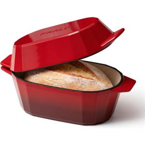 Enameled Cast Iron Sourdough Bread Oven – 3.3QT Dutch Oven for Baking with Lid, Non-Stick Oval Cast Iron Bread Oven for Sourdough-Loaf Cast Iron Bread Pan(Red)