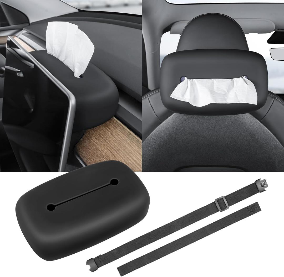 Silicone Tissue Holder for Tesla Model Y Juniper 2026 Accessories Car Tissue Box with Elastic Band for 2017-2026 Tesla Model 3 S X All SUVs or Trucks (Soft Black)