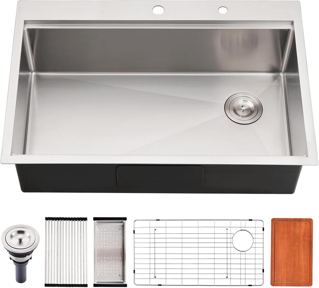 30 Inch Workstation Kitchen Sink Drop in,Jshozzy 30x22 Drop in Kitchen Sink Stainless Steel 16 Gauge Single Bowl Workstation Sink with Cutting Board, 30"Wx22"Dx10"H