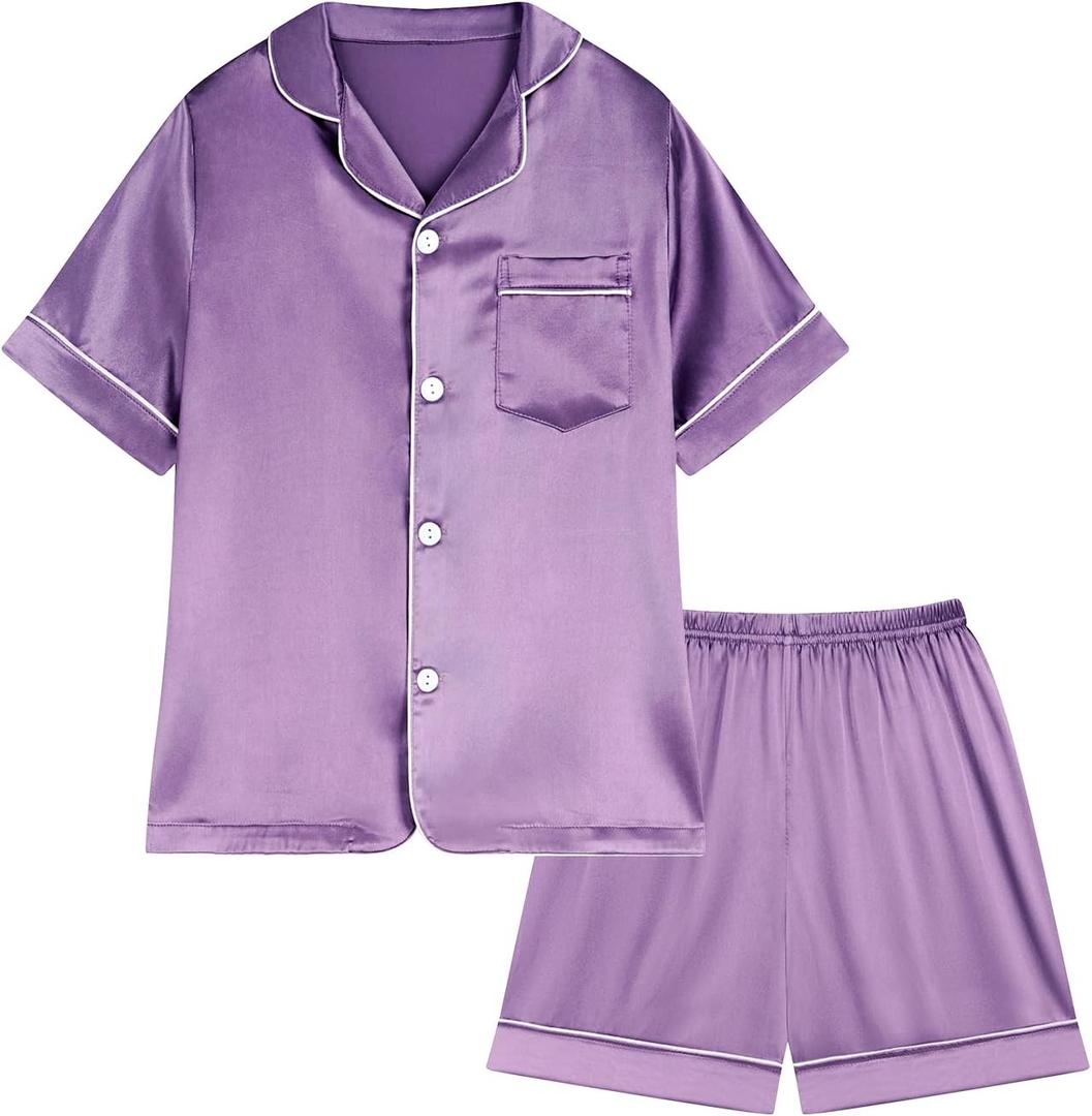 Weixinbuy Pajama Set for Kid Baby Boy Girl Button-up Silk Pajama Sleepwear Nightwear Loungewear Clothes Set Gifts for Kids (11-12 Years, Purple (Short Sleeve))