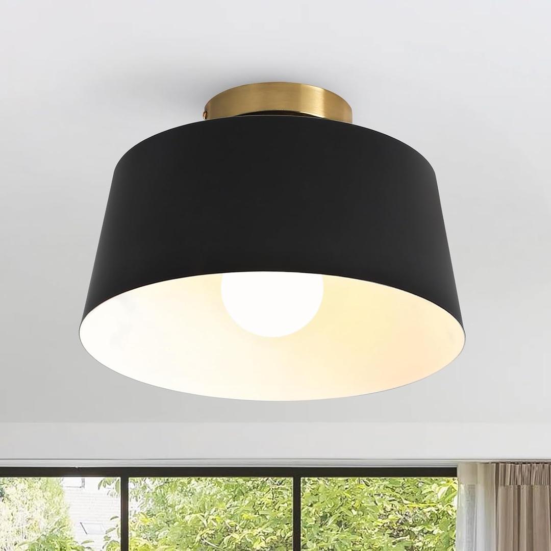 Metal Semi Flush Mount Ceiling Light, 11.6" Black and Gold Industrial Flush Mount, Single Lamp Base Modern Ceiling Light Fixtures for Entryway Hallway Kitchen Laundry Room