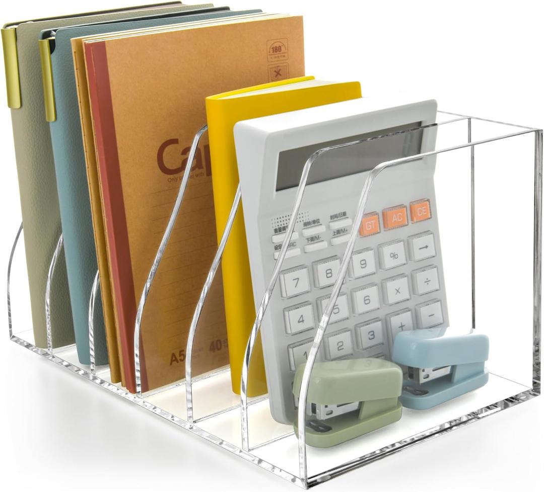 Acrylic Magazine File Holder, 6 Vertical Compartments Desk Document Sorter Organizer, Clear Folder Rack Binder for Office, Tablets, Magazines, Books Home/Classroom Rack, 5mm Thick