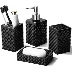 Black Bathroom Accessories Set, 4 Pack Matte Black Bath Accessory Sets Complete, Acrylic Soap Dispenser and Toothbrush Holder Set for Bathroom Counter Sink, Modern Bathroom Decor