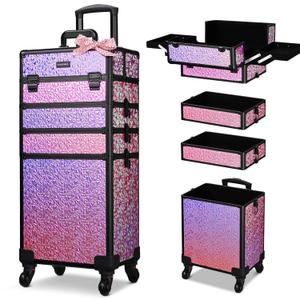 BYOOTIQUE Rolling Makeup Train Case on Wheels 4in1 Cosmetology Profesional Travel Cosmetic Bag Lockable Organizer Box for Hairstylist Artist Nail Beauty Salon Barber,Mermaid Pink (XLarge)