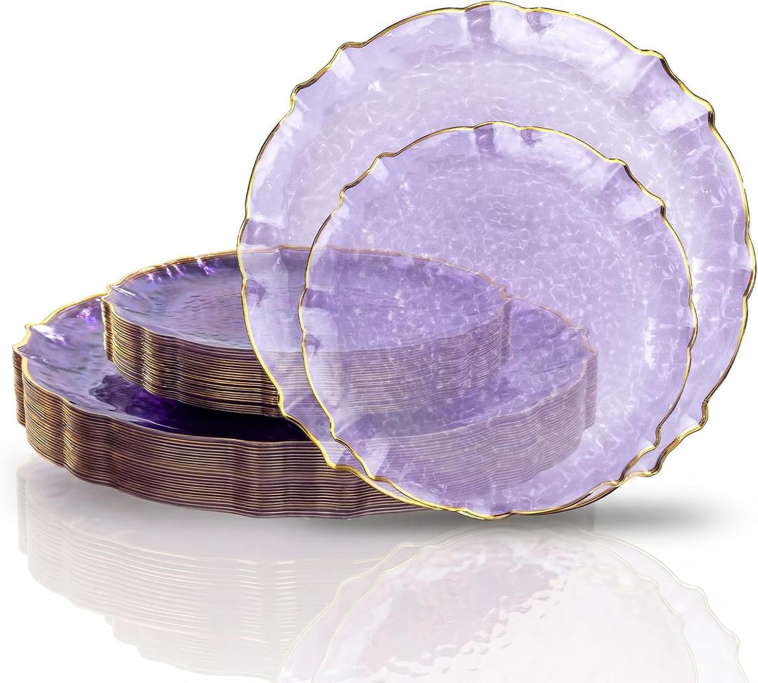 bUCLA 40PCS Clear Purple and Gold Plastic Plates - Fancy Lace-Edge Purple with Gold Trim Hammered Disposable - Include 20 Each (10inch Dinner & 7inch Dessert) Plates for Party & Wedding