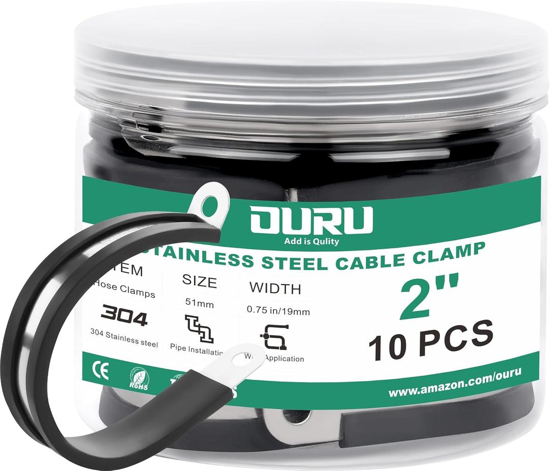 OURU 10pcs 2 Inch Stainless Steel Cable Clamps,Rubber Coated Cushioned Insulated Cable Clamp,Automotive Cable Wire Clamps,Pipe Clamps,Metal Clamp for Tube,Lines,Wire Cord Installation(Black,51mm)