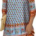 HOTOUCH Boho Dresses for Women Casual Beach Summer Dress V Neck 3/4 Long Sleeve Short Floral Print Swimsuit Cover Up Sundress, L