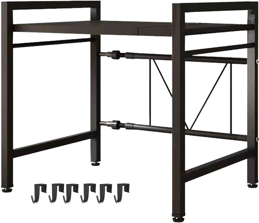 Microwave Oven Rack, Microwave stand,Adjustable Shelf with 6 Hooks Microwave Shelf, Microwave Rack, Extendable Kitchen Microwave Stand, Microwave Stand with Storage, Black (shelf 001)