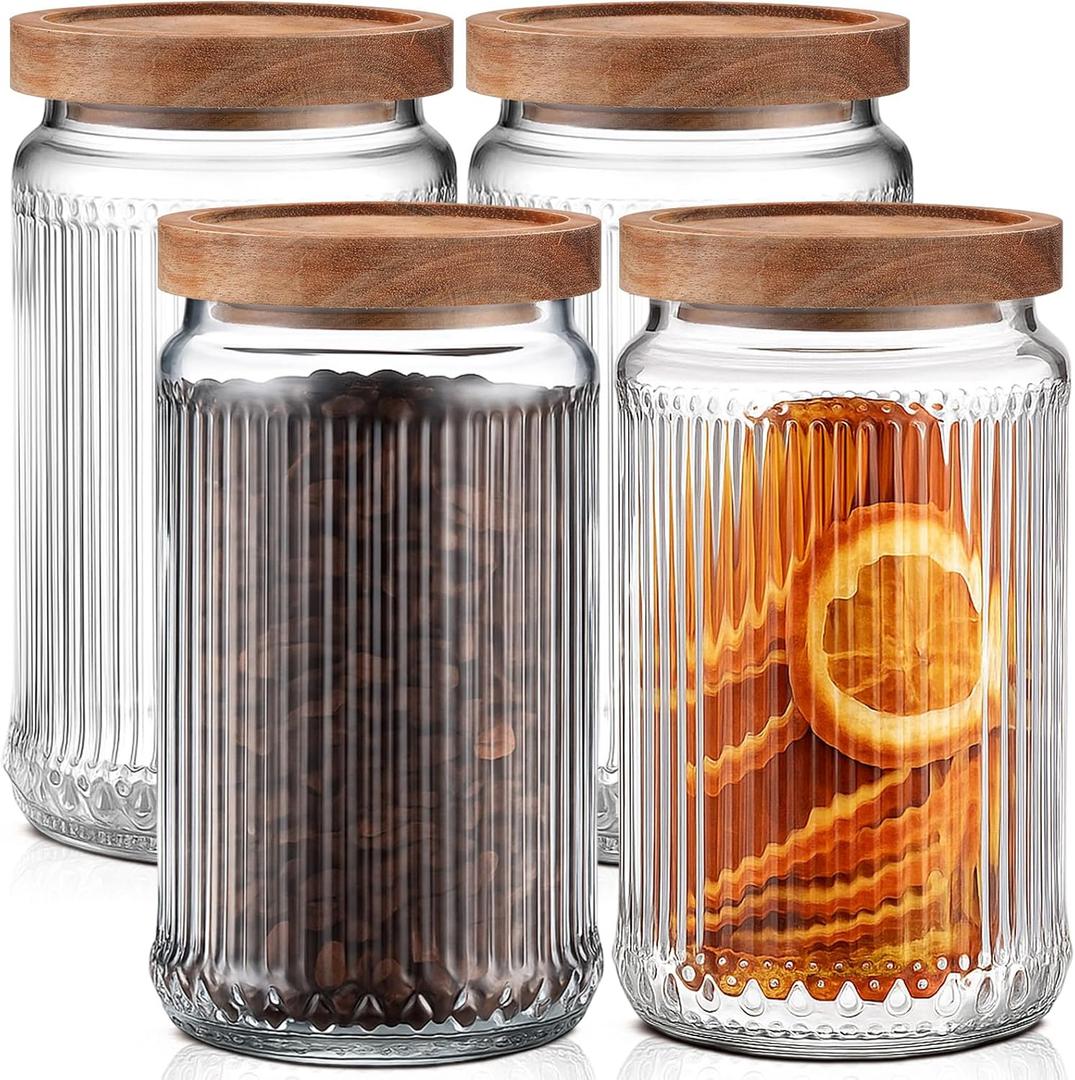 4 Pcs Ribbed Glass Jar with Lids 32 oz Glass Food Storage Jars with Acacia Lid Airtight Storage Containers Vintage Decorative Home for Kitchen Counter, Pantry, Coffee Bean, Grains, Tea