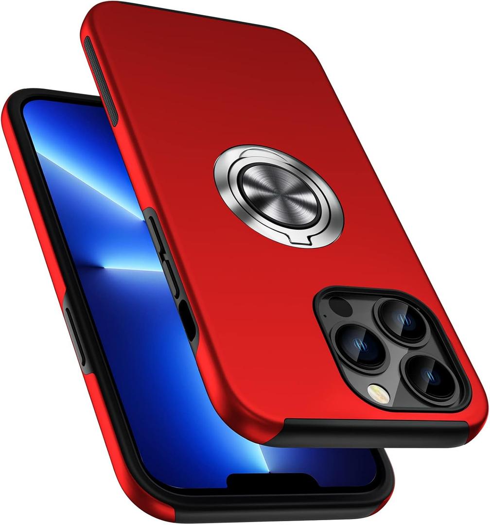 PELEPUES Shockproof Case for iPhone 13 Pro 6.1'', [Embedded Finger Ring] Military Grade Phone Case Cover with Reinforced Metal Stand Kickstand [Support Magnetic Car Holder] for iPhone 13 Pro, Red