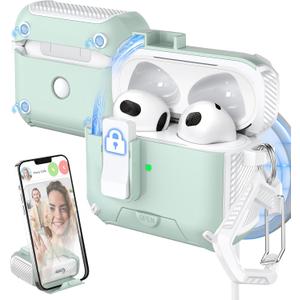 for AirPods 3rd Generation Case Cover, Compatible with Magsafe, Magnetic Automatic Lock, Charging Port Dust-Proof & Stand Design with Cleaning Kit, White/Green