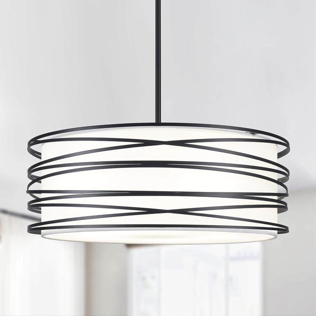 19.7" Black Pendant Light, 5-Lights Modern Drum Chandeliers for Dining Room Adjustable Pendant Hanging Lighting with White Fabric Shade for Kitchen Island Living Room Entryway Bedroom