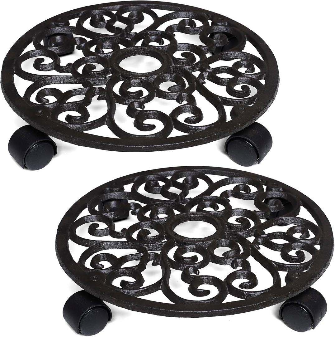 2 Pack Plant Caddies Heavy Duty Cast Iron Flowerpot Holder, Flower Stand Round Planter Holder with Wheels 11 inch