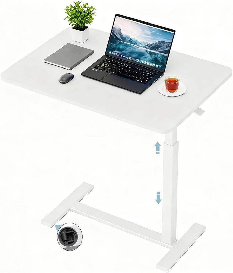 Overbed Bedside Table with Wheels,Height Adjustable Bedside Table for Recliner,Rolling Standing Desk for Home Hospital,White