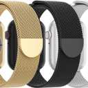 3 Pack Mesh Metal Band Compatible with Apple Watch Band 38mm 40mm 41mm 42mm 44mm 45mm 46mm 49mm, Stainless Steel Magnetic Loop Strap for iWatch Ultra 3 2 1 Series 11/10/9/8/SE/7/6/5/4/3 Men Women