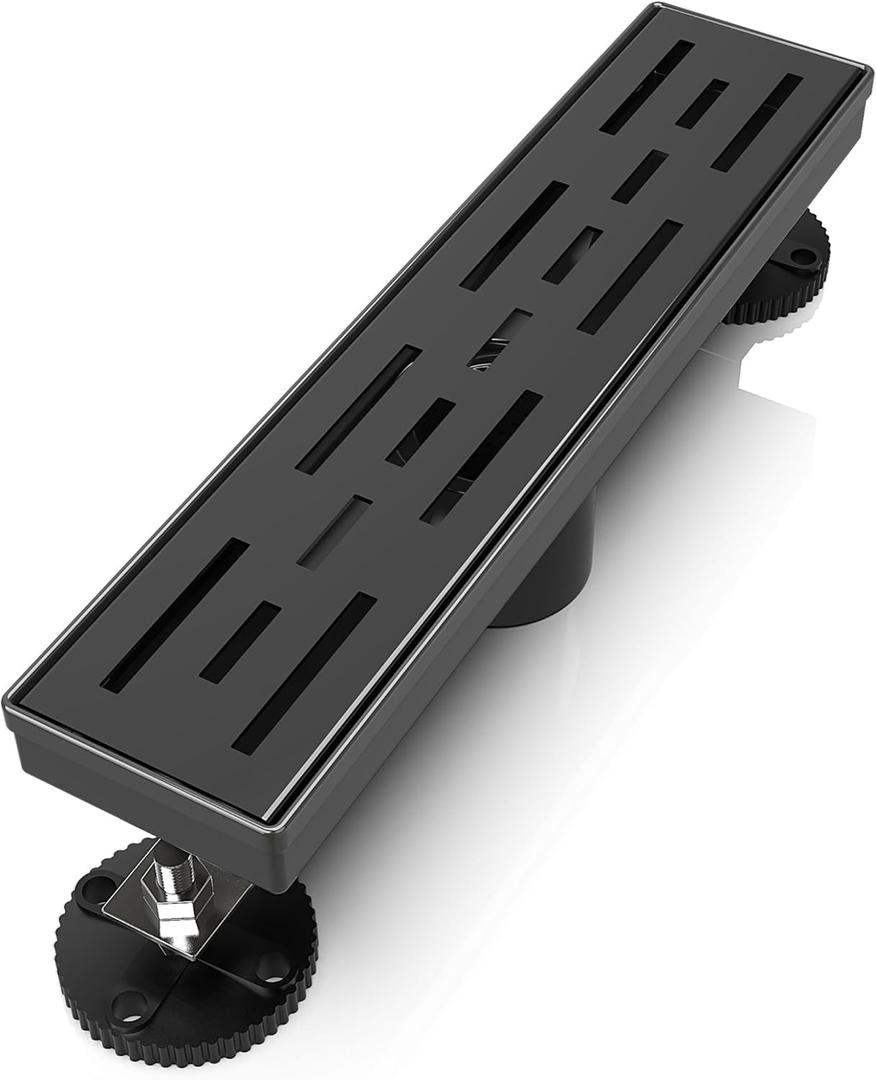 WEBANG 12 Inch Linear Shower Drain Rectangular Floor Drain with Accessories Rainline Pattern Cover Grate Removable SUS304 Stainless Steel CUPC Certified Matte Black