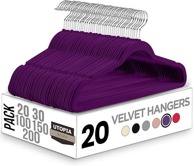 Utopia Home Velvet Hangers 20 Pack - Non-Slip Suit Hangers with 360 Degree Rotatable Hook - for Pants, Coats, Shirts & More (Purple)