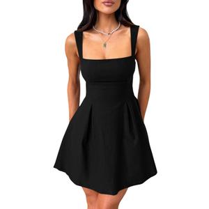YMDUCH Women's Sexy Sleeveless Square Neck Adjustable Straps Bow Tie A-line Mini Party Club Dress (Black, XL)