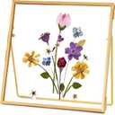 Double Glass Frame for Pressed Flowers Handmade, Tabletop Photo Frame for Floating Picture and Flower Press, Simple, Metal Geometric, Square, Gold, 4x4 Inches (4L" x 4W")