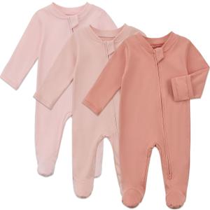 Aablexema Baby Organic Cotton Footed Pajamas Zip Up Preemie Newborn One Piece Long Sleeve Onesie Pjs (Pink Set), Preemie