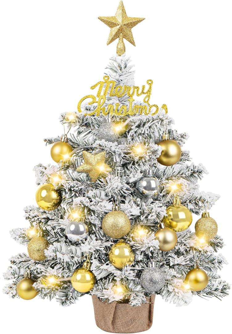 Tabletop Mini Christmas Tree, 24 in Artificial Snow Flocked Table Top Small Christmas Tree with Lights, Star Treetopper and Hanging Ornaments Balls for Home Party Christmas DIY Decorations
