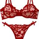 Lilosy Sexy Underwire Cute Push Up Strappy Embroidered Mesh Sheer Lingerie Set See Through Panty Bra (Medium)