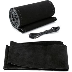 AUTOXBERT 38cm/15 Suede Leather Non-Slip Steering Wheel Cover DIY Hand Sewing Cowhide Leather Skidproof Car Protector with Needle Thread (Sude Black)