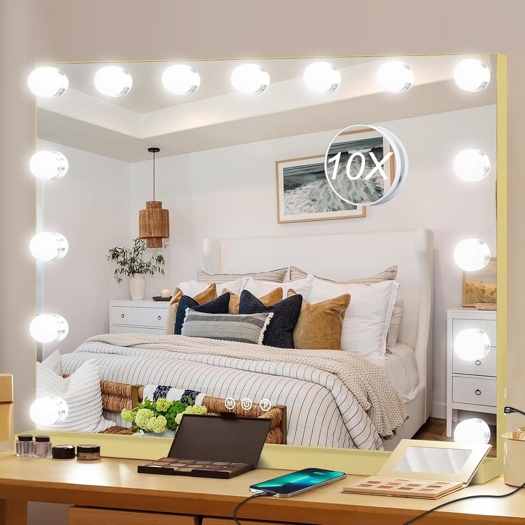 Moonee Vanity Mirror with Lights, Gold Hollywood Lighted Makeup Mirror with 15 Dimmable Bulbs and 10X Magnification, 3 Colors Modes, Aluminum Metal Frame, Light Up Mirror for Tabletop/Wall23" x 18"