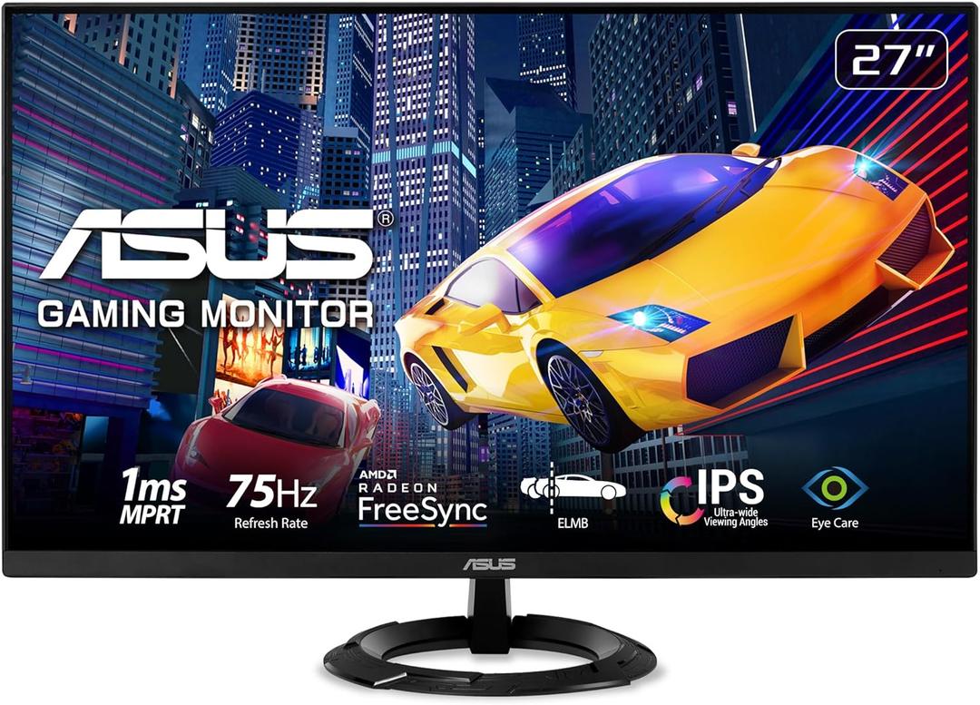 ASUS 27 1080P Gaming Monitor (VZ279QG1R) - Full HD, IPS, 75Hz, 1ms, Extreme Low Motion Blur, FreeSync, Eye Care, DisplayPort, HDMI, Tilt Adjustable, Ultra-Slim,Black