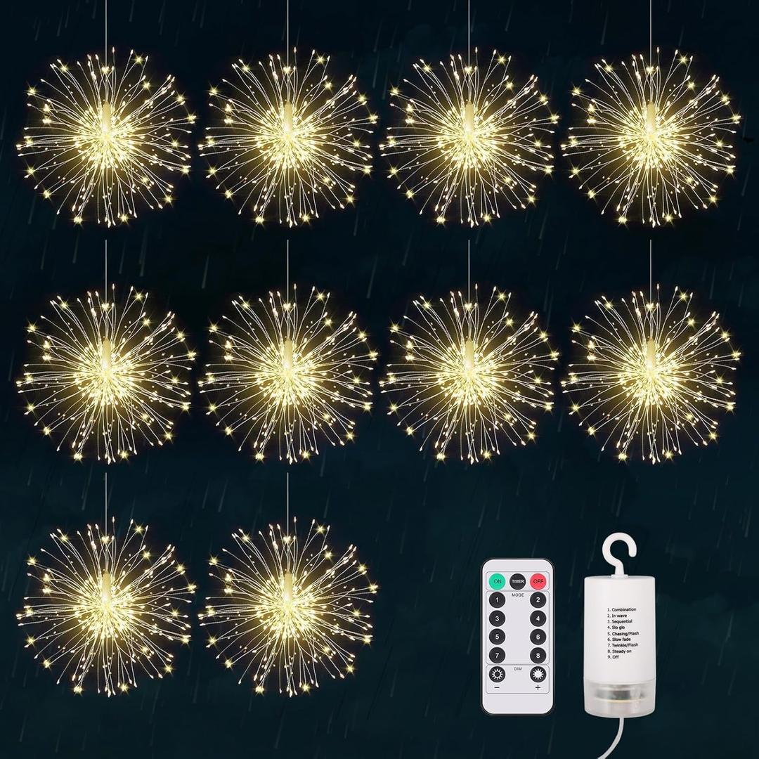 Firework Lights, 10 Pack LED Copper Wire Fireworks Lights Fairy Lights Christmas Hanging Dimmable String 8 Modes Waterproof with Remote Control (Warm White)